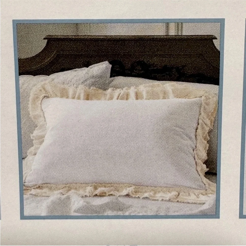 Simply Shabby Chic White/Tan Linen/Cotton Raw Edge Ruffled Duvet Set - King